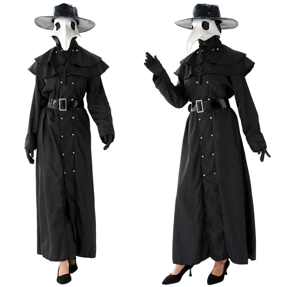 (S) Plague Doctor Halloween Cosplay Outfit Black Beak Raven Mask Horror Physician Costume