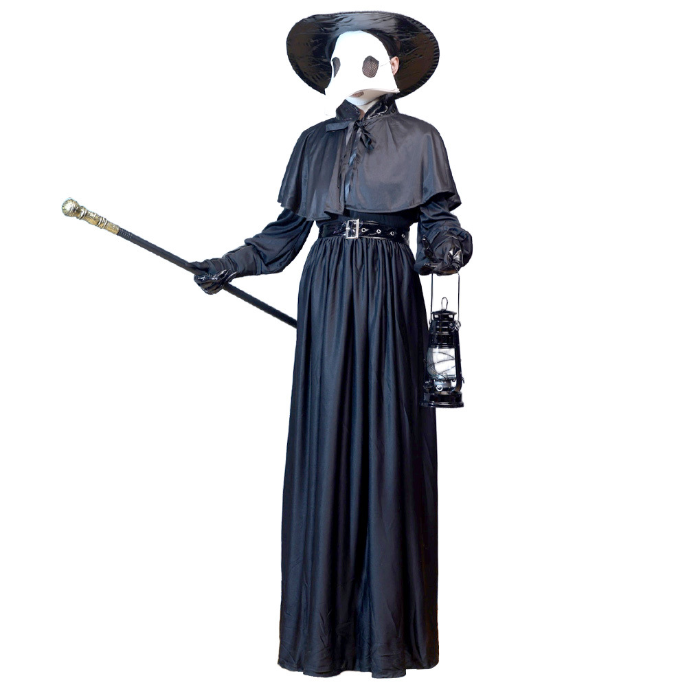 (S) Plague Doctor Halloween Cosplay Outfit Black Beak Raven Mask Horror Physician Costume