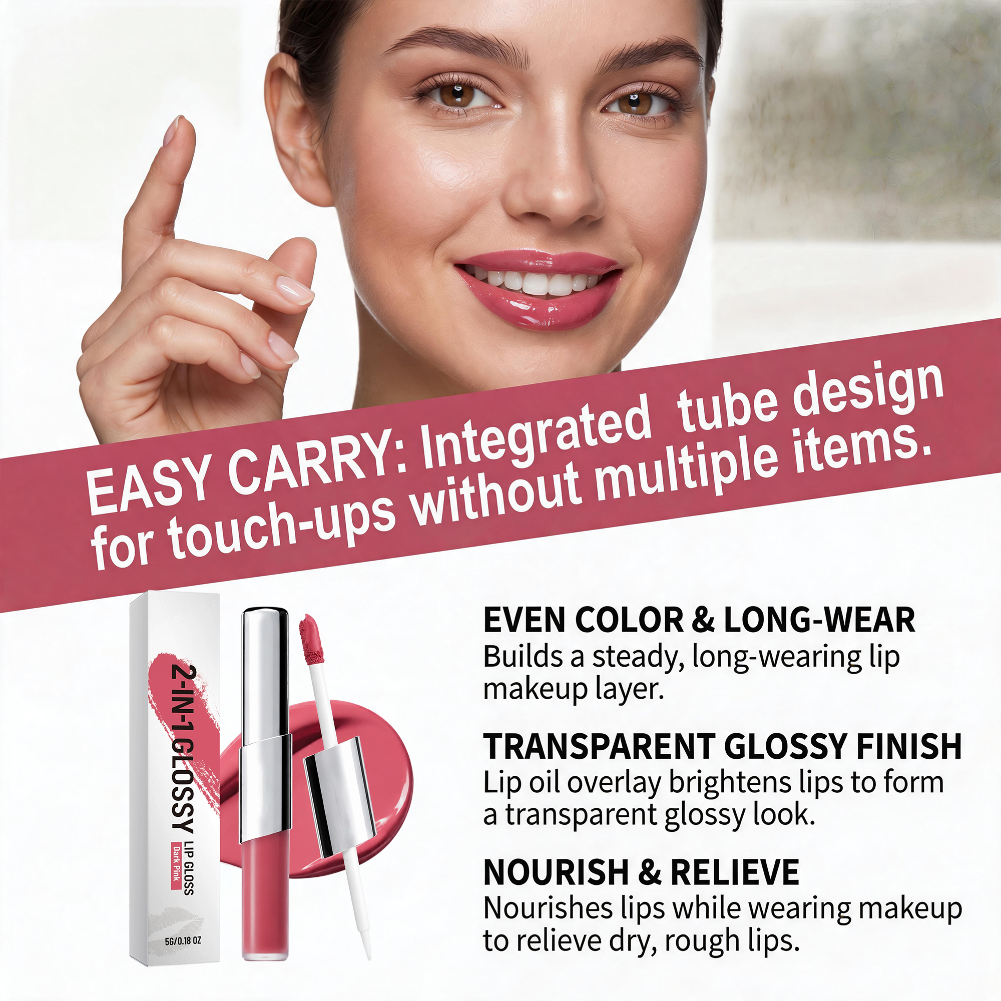 Two In One Longwear Gloss Lip Gloss Deep Pink Smooth Pigmented Hydrating Shine Transferproof Light Daily Versatile Makeup