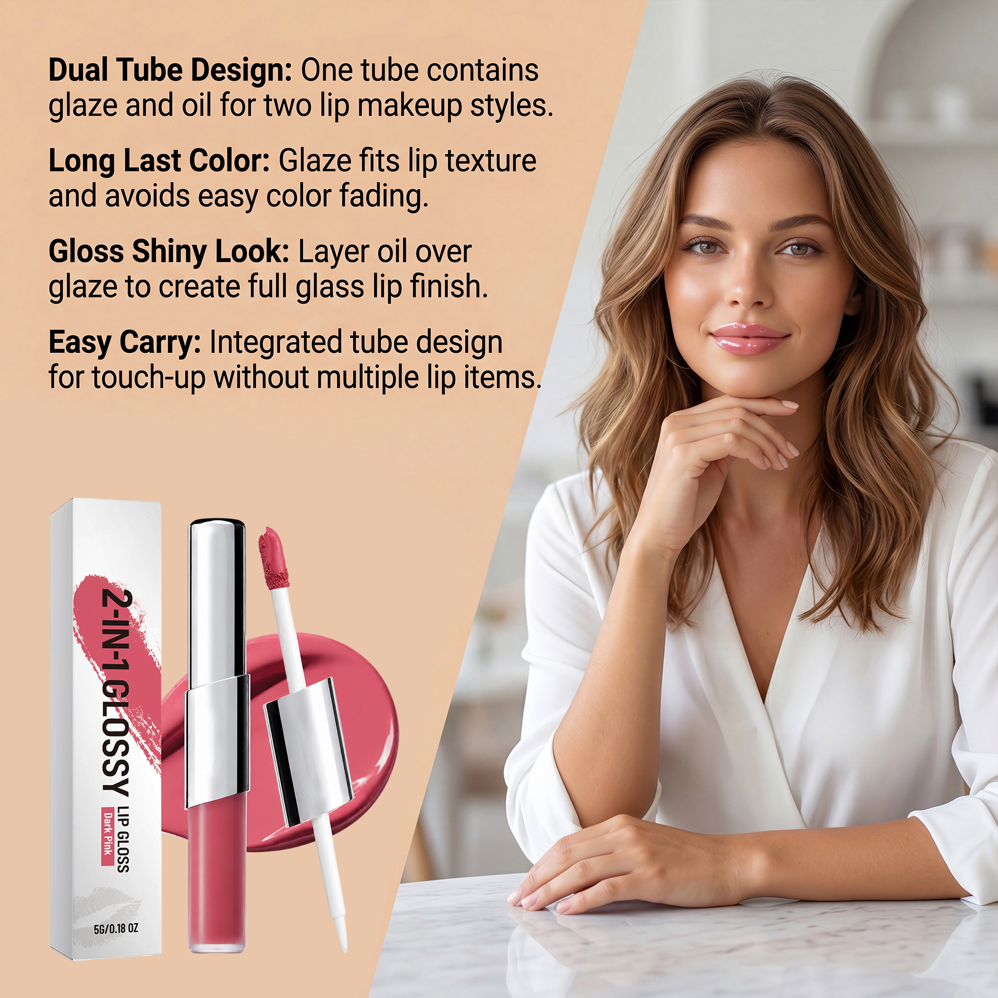 Two In One Longwear Gloss Lip Gloss Deep Pink Smooth Pigmented Hydrating Shine Transferproof Light Daily Versatile Makeup