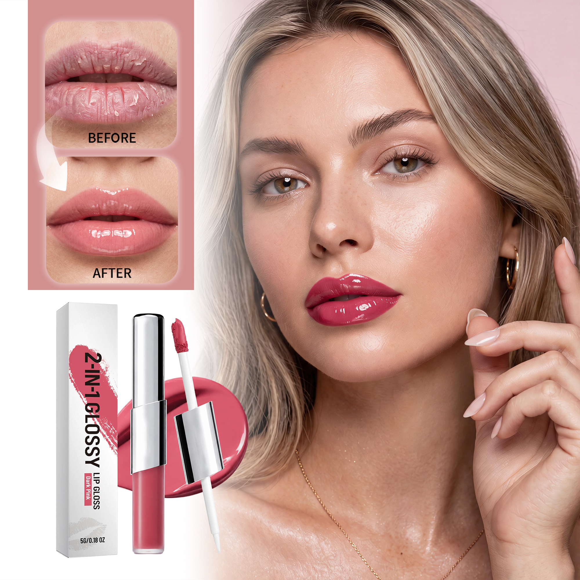 Two In One Longwear Gloss Lip Gloss Deep Pink Smooth Pigmented Hydrating Shine Transferproof Light Daily Versatile Makeup