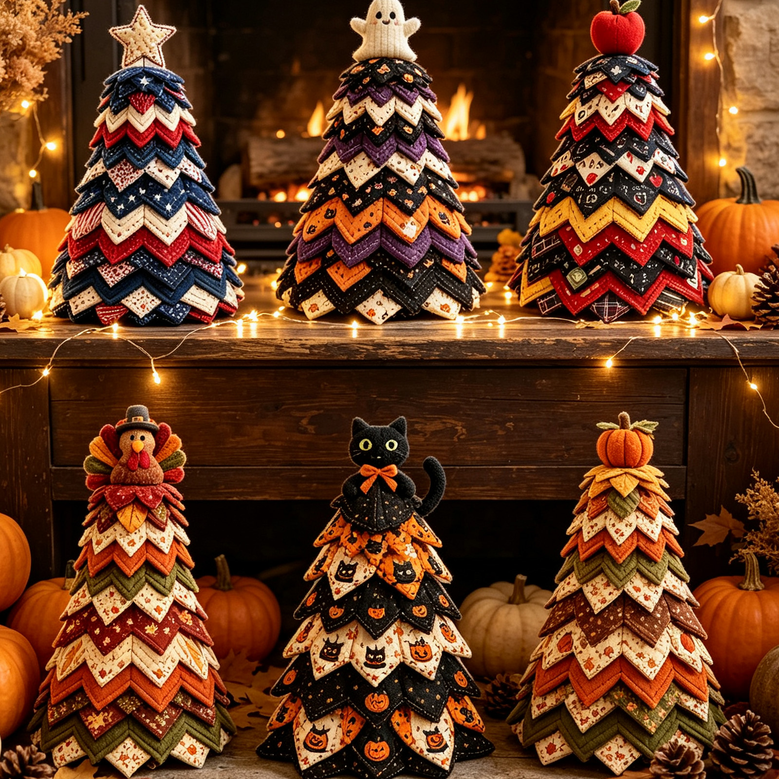 (Black Cat) Christmas Tree Quilt Set Unique Decoration Quilting Craft Festival Print Atmosphere Toy