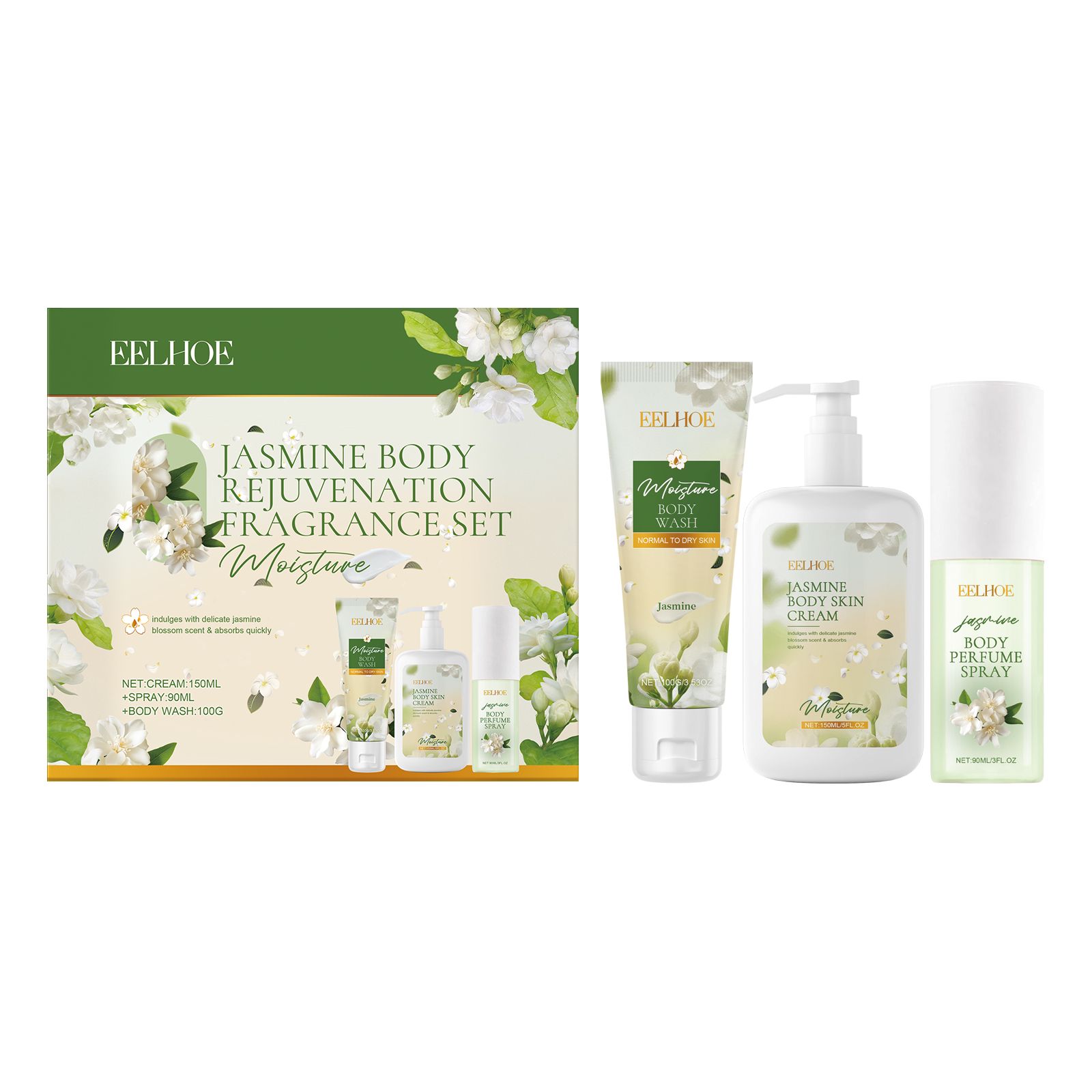 Jasmine Body Care Set With Body Wash Lotion And Perfume Spray For Daily Skin Care
