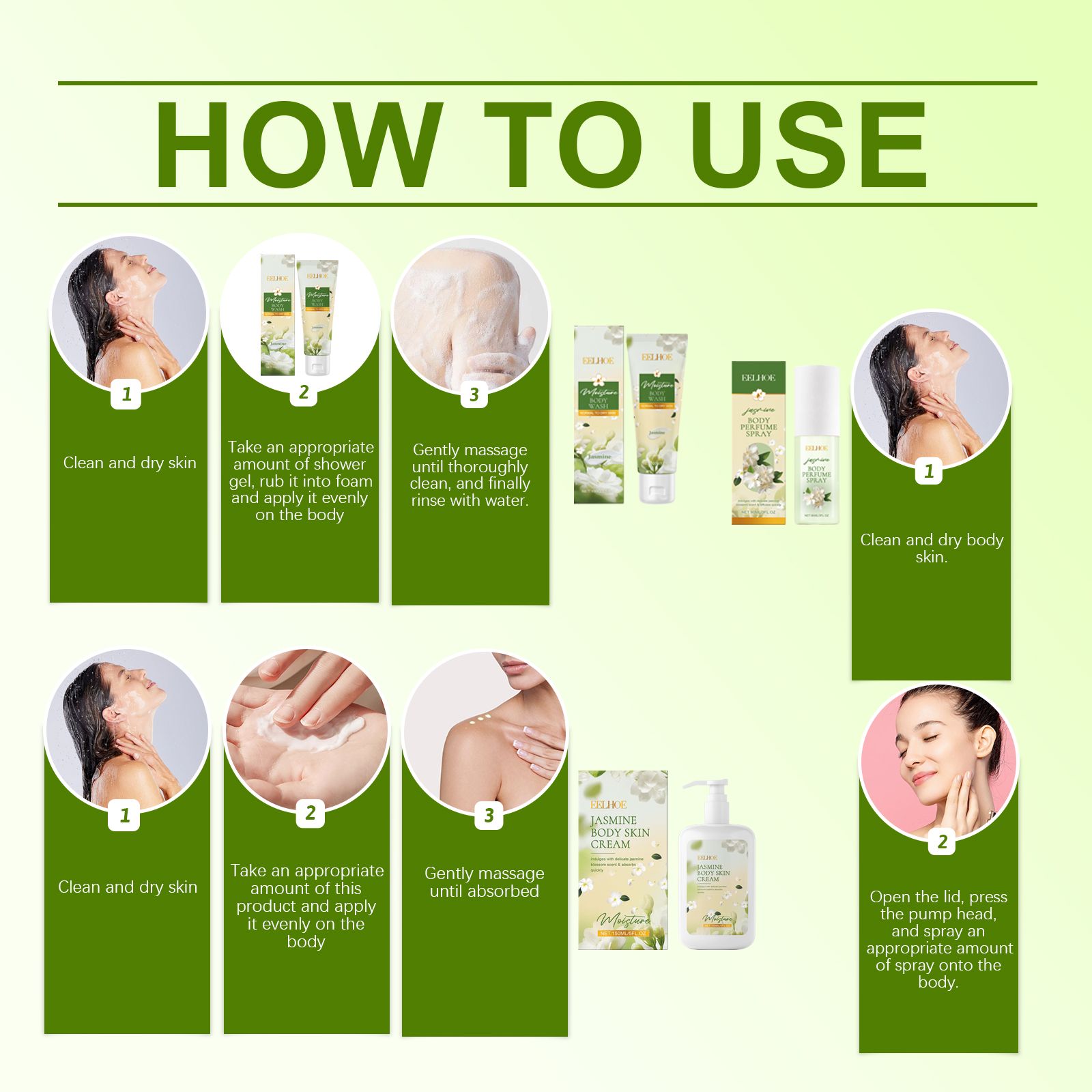 Jasmine Body Care Set With Body Wash Lotion And Perfume Spray For Daily Skin Care