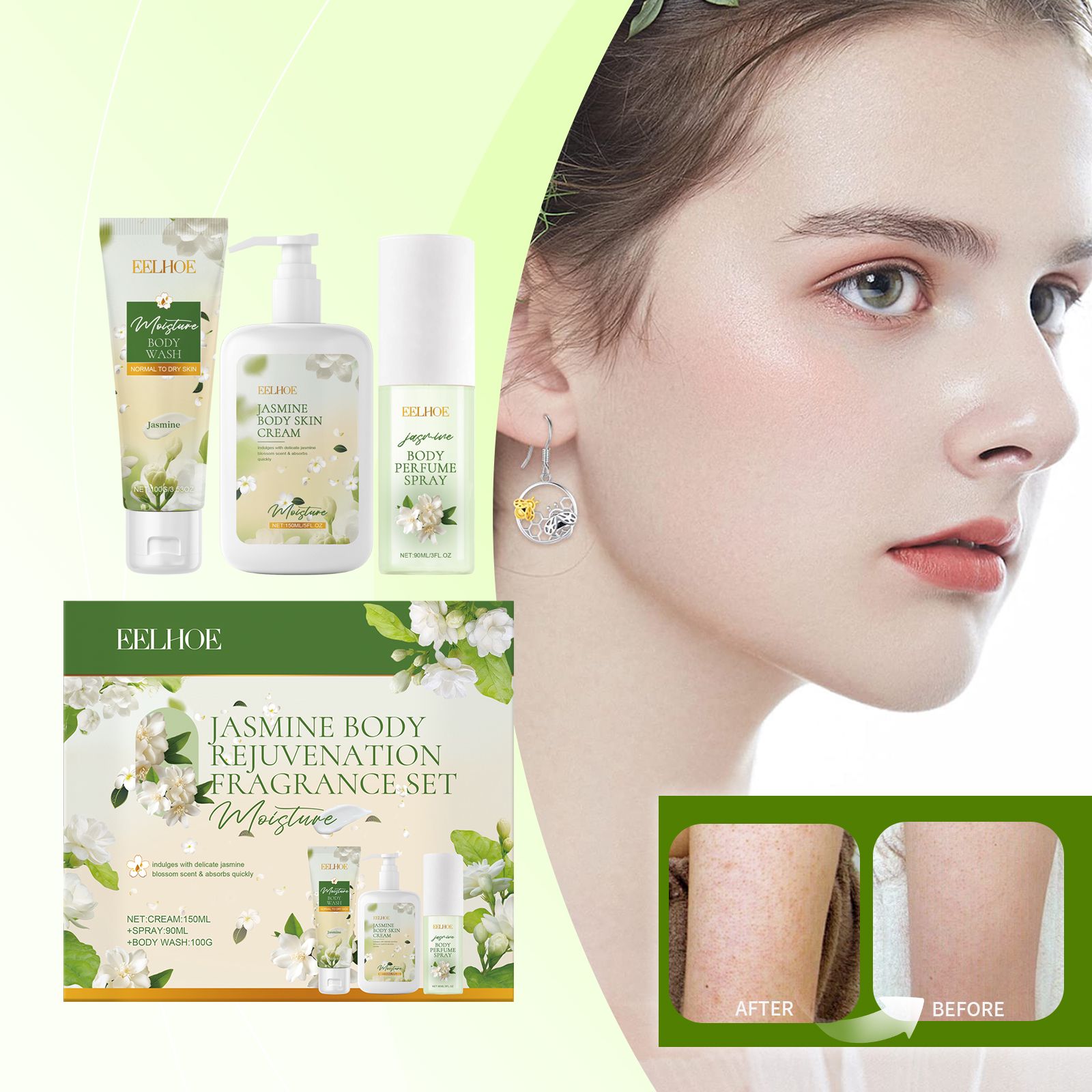 Jasmine Body Care Set With Body Wash Lotion And Perfume Spray For Daily Skin Care