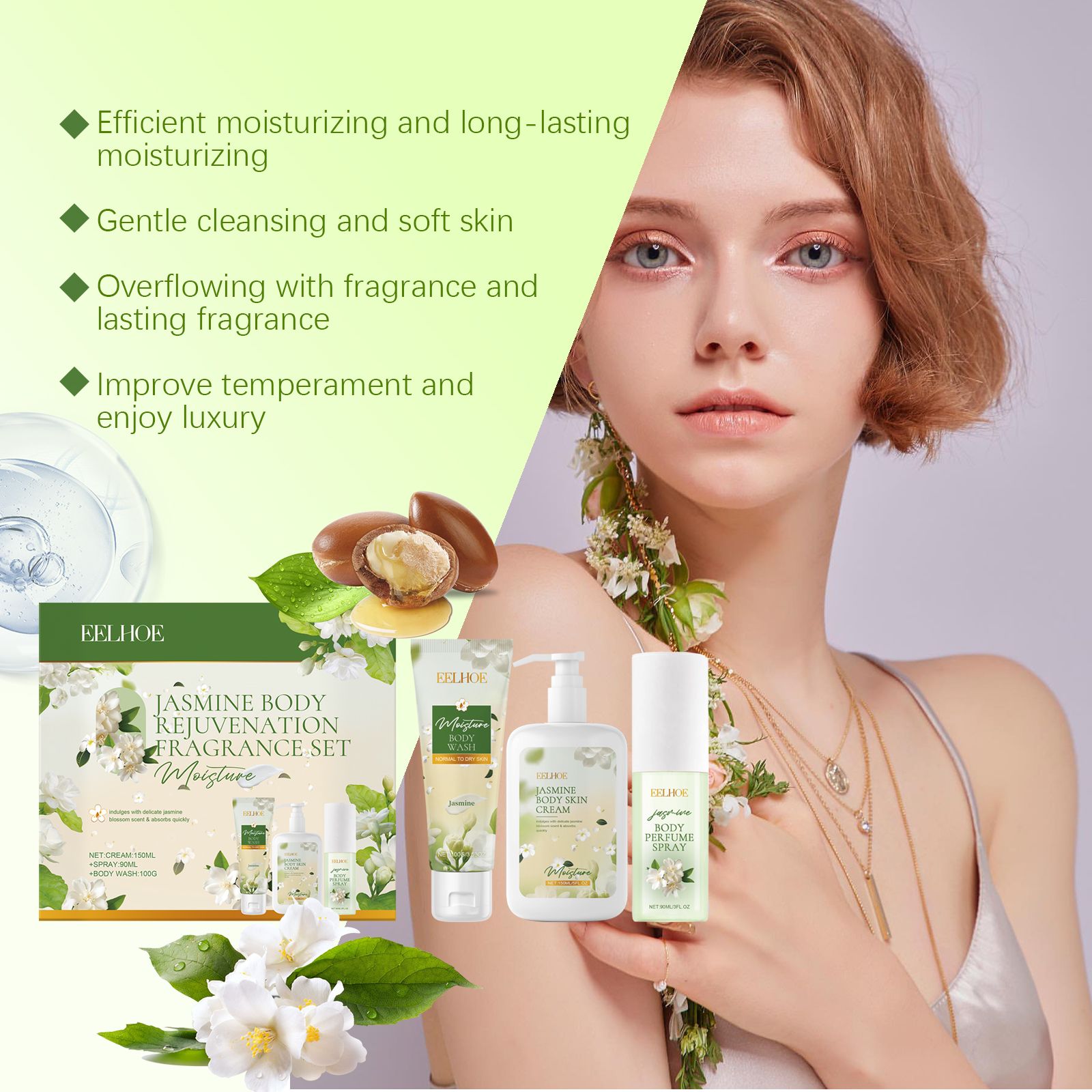 Jasmine Body Care Set With Body Wash Lotion And Perfume Spray For Daily Skin Care
