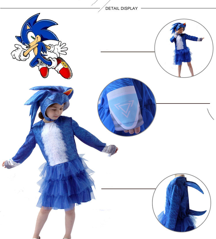(S) Halloween Girl Sonic The Hedgehog Cosplay Costume Fancy Dress Up Jumpsuit Outfits Kids Cosplay Clothing and Dress Stage Childrens Costume