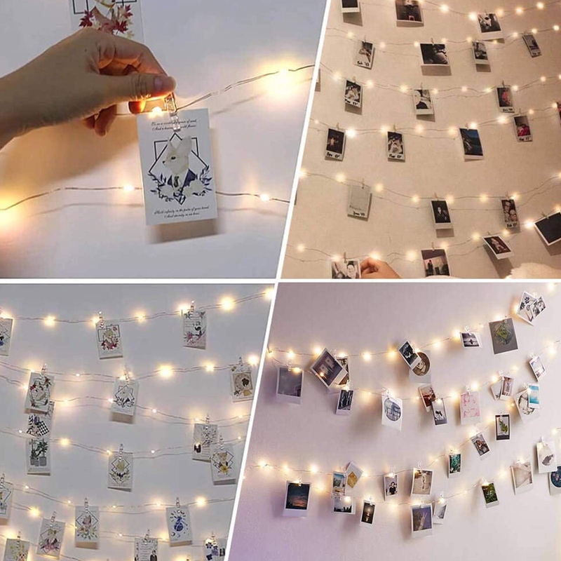 (2M 20 LED) LED Photo Clip String Lights Battery Powered Silver Wire Hanging String Photo Frames Decoration for Bedroom Wedding Party Christmas Photo