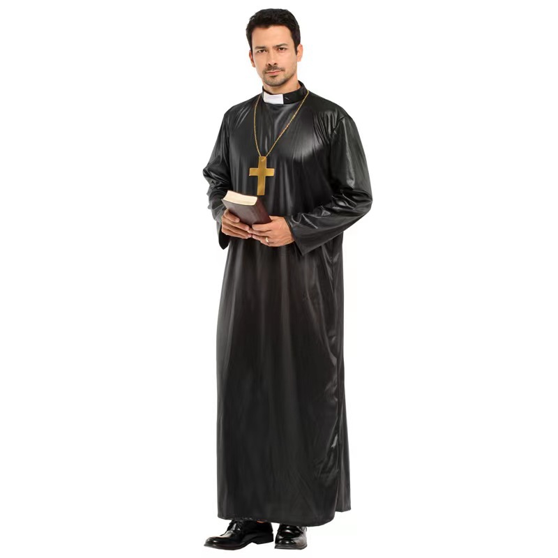 (165~175cm) Adult Mens Vicar Fancy Dress Halloween Costume Holy Priest Reverend Costume Stag Night Dress Up Outfit