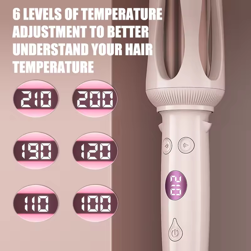 (Pink) Hair Curler Rotating Curling Tongs Curling Iron Auto Curler Ceramic Professional Hair Curler Electric Curling Iron 6 Levels of Temperature Adjustment