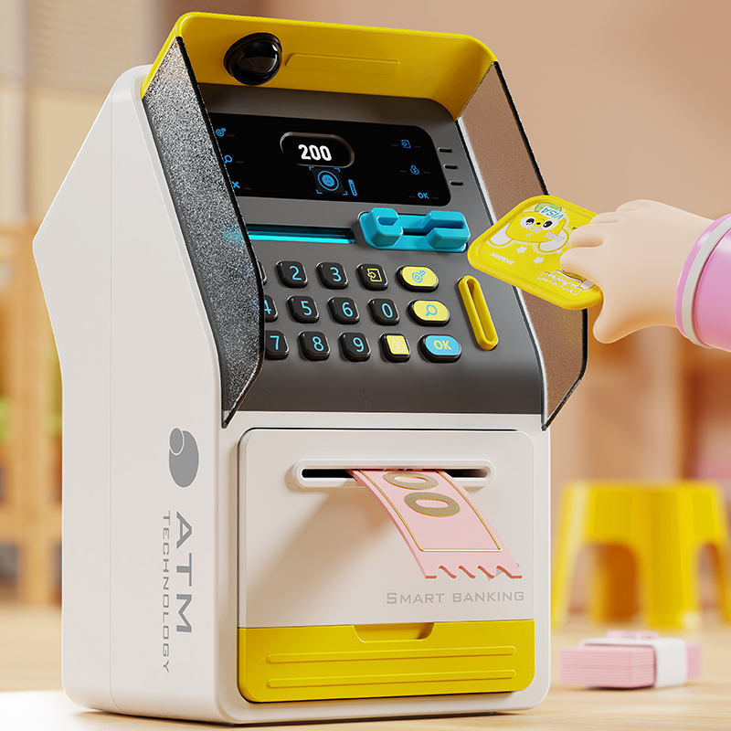 (Yellow) Mini ATM Kids Safe Piggy Bank Electronic Cash Coins Save Box for Kids With Face Recognition Unlocking Birthday Toys Gifts