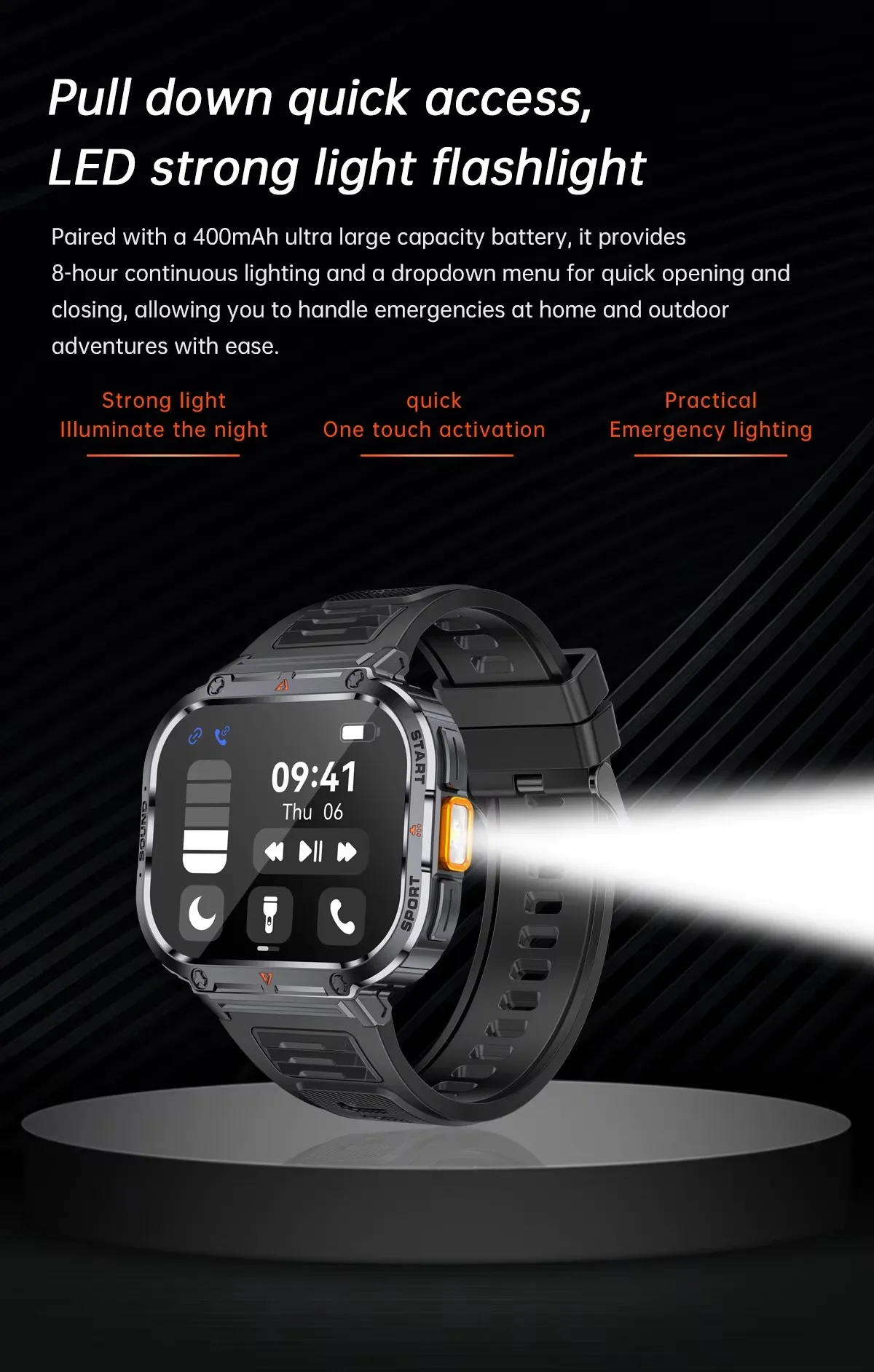 (Black) Smart Watch Heart Rate Blood Oxygen Sleep Monitor 2 inch Ultra Large Screen LED Light Flashlight BT Calling Men Outdoor Sports Fitness Tracker Smartwatch