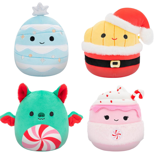 Squishmallows 5 Inch Holiday 4 Pack Ethel Hot Chocolate Floyd French Fries Keiko Blue Christmas Tree Ricardo Peppermint Bat Plush