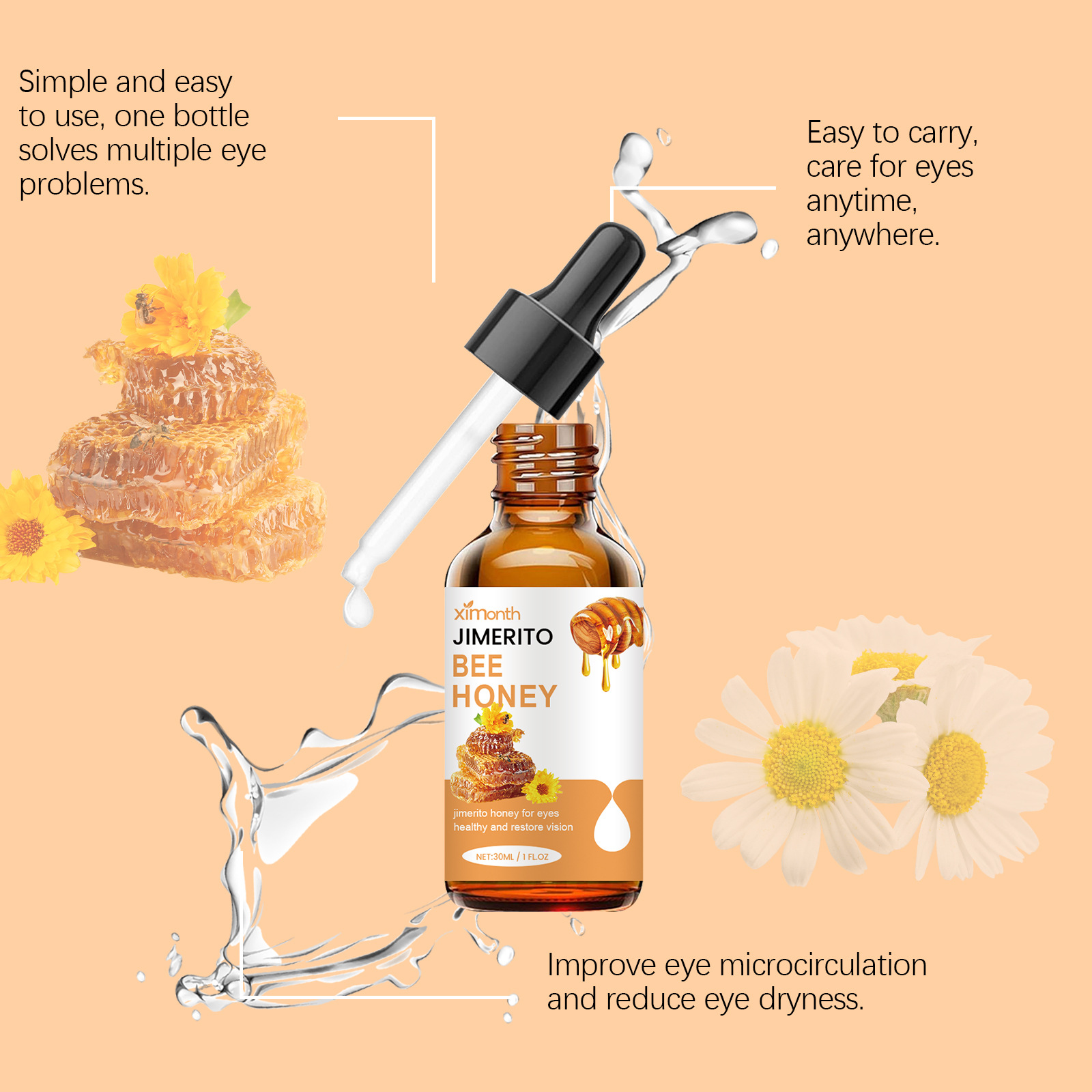(1 PC) Eye Care Solution Bee Honey Eye Drops Fatigue Dry Eyes Astigmatism Blurred Vision Reliever Refreshing Moisturizing Improve Eyesight Soothing Eye Care Products