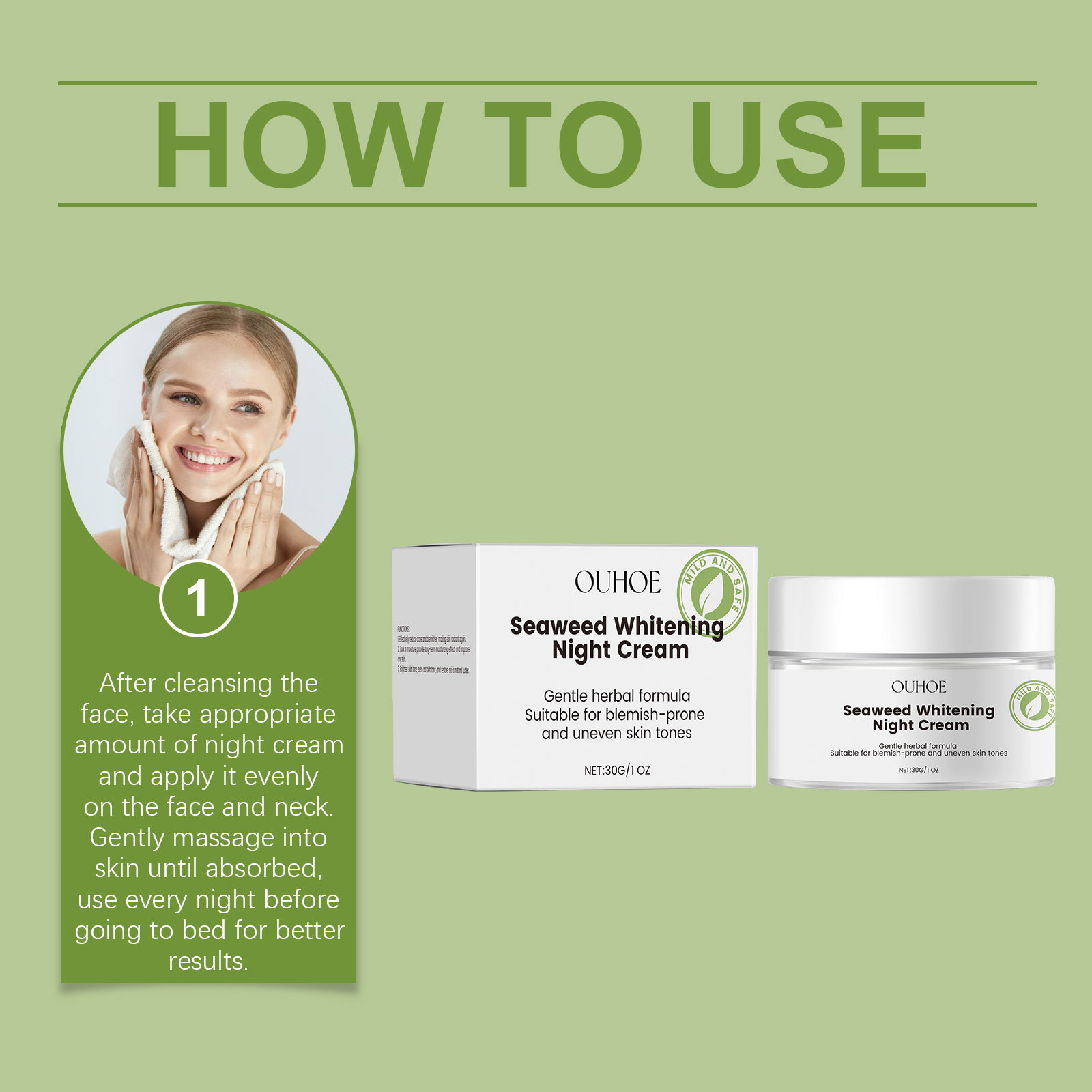 OUHOE Seaweed Nourishing Face Night Cream Whitening Moisturize Hydration Facial Night Skin Care Facial Rejuvenation Brightening Face Repairing Cream 30g