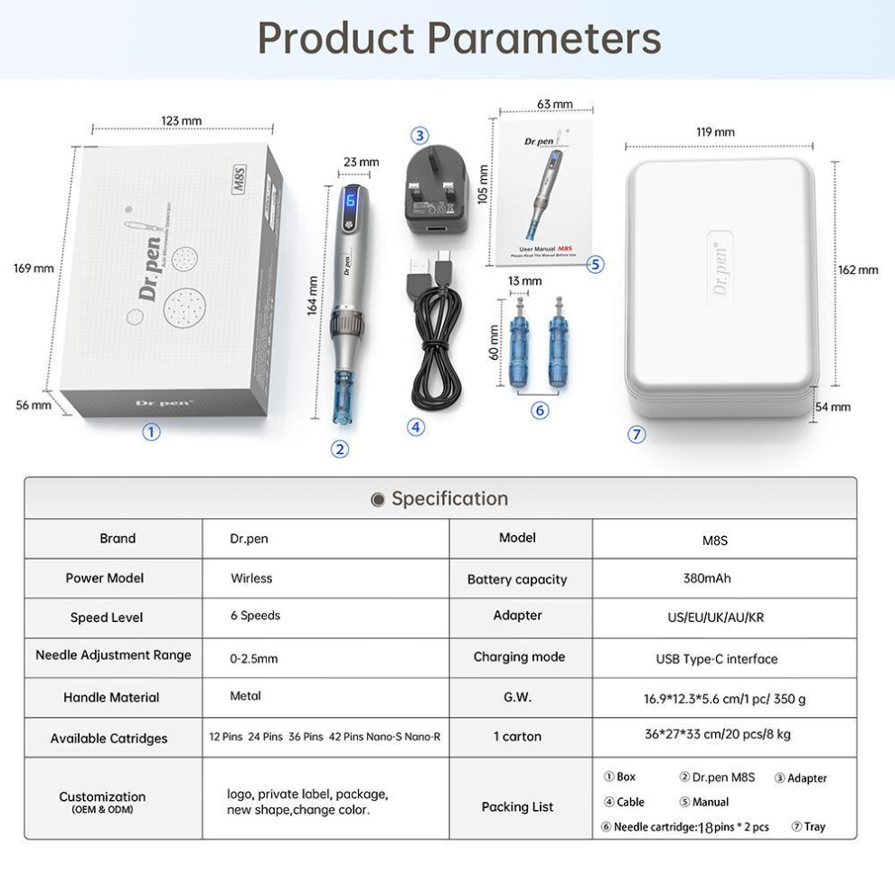 (M8S with 10Pcs Nano S) Dr.pen Ultima M8s Professional Microneedle Micro Needle Scar Acne Removal Mts Derma Pen Microneedling With 12pcs Cartridges Skin Care Beauty Device