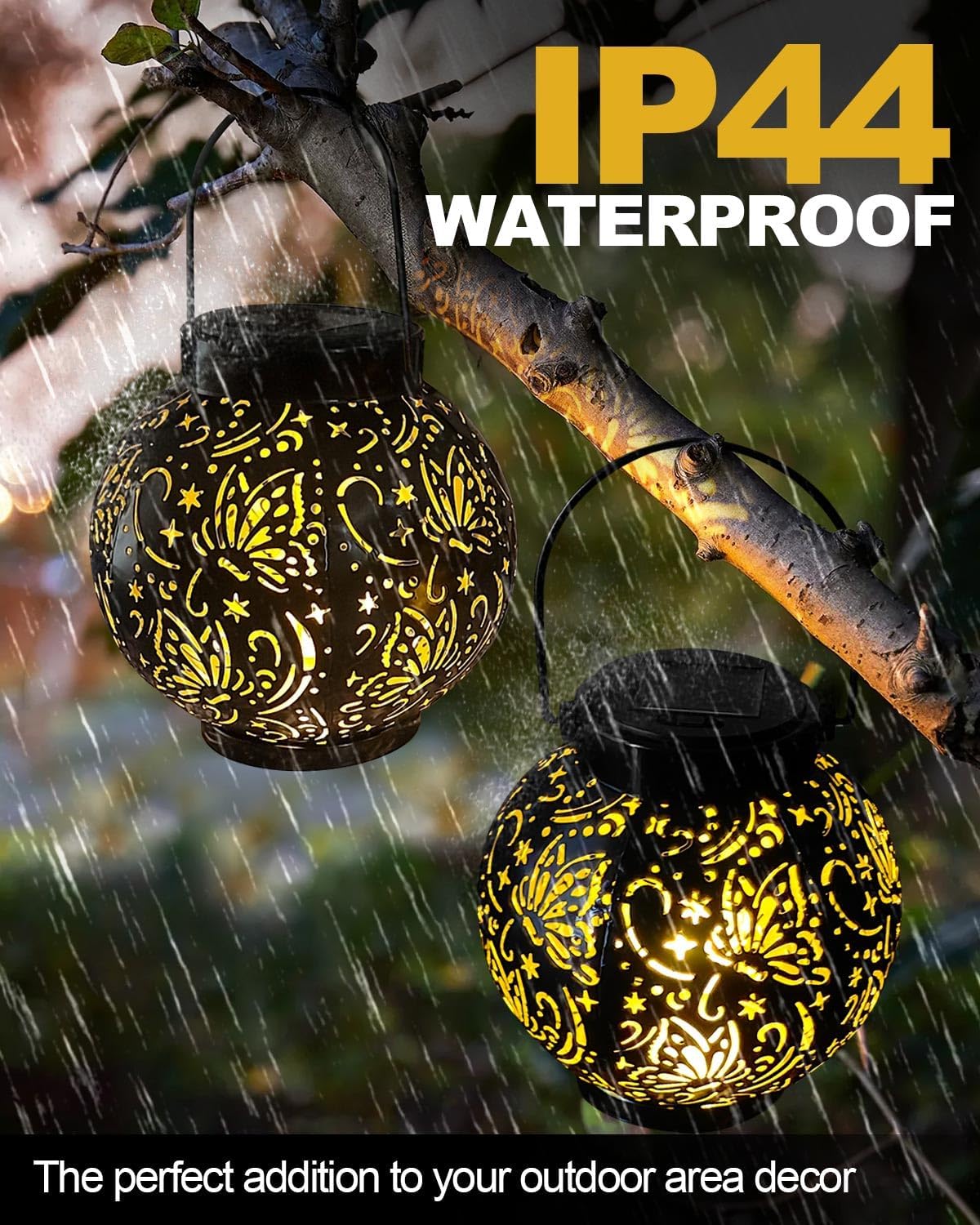 (Butterfly) Newest Solar Lanterns Light 2 Pack Solar Lanterns Garden Ornaments Outdoor with Beautiful Pattern IP44 Hanging Solar Lights Outdoor Garden for Outside