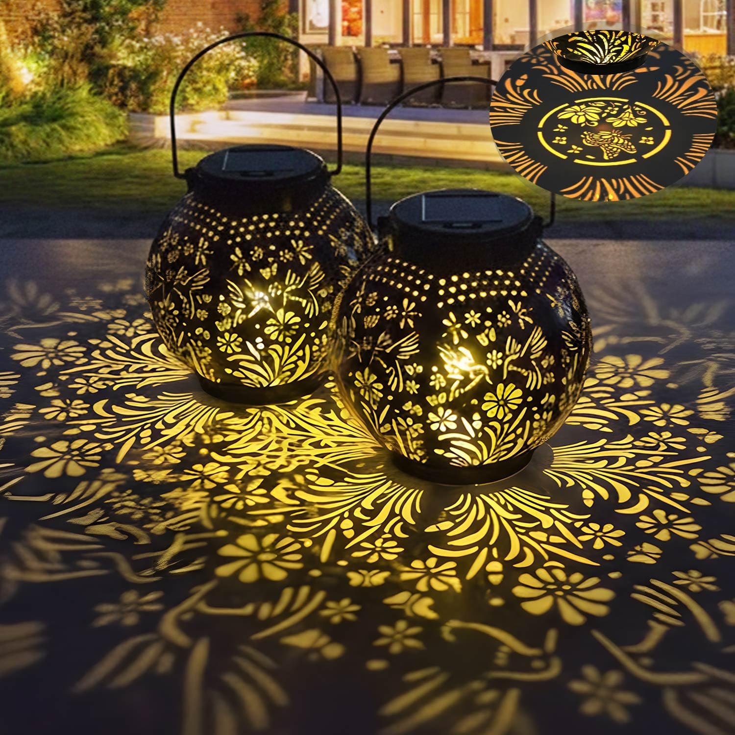 (Butterfly) Newest Solar Lanterns Light 2 Pack Solar Lanterns Garden Ornaments Outdoor with Beautiful Pattern IP44 Hanging Solar Lights Outdoor Garden for Outside