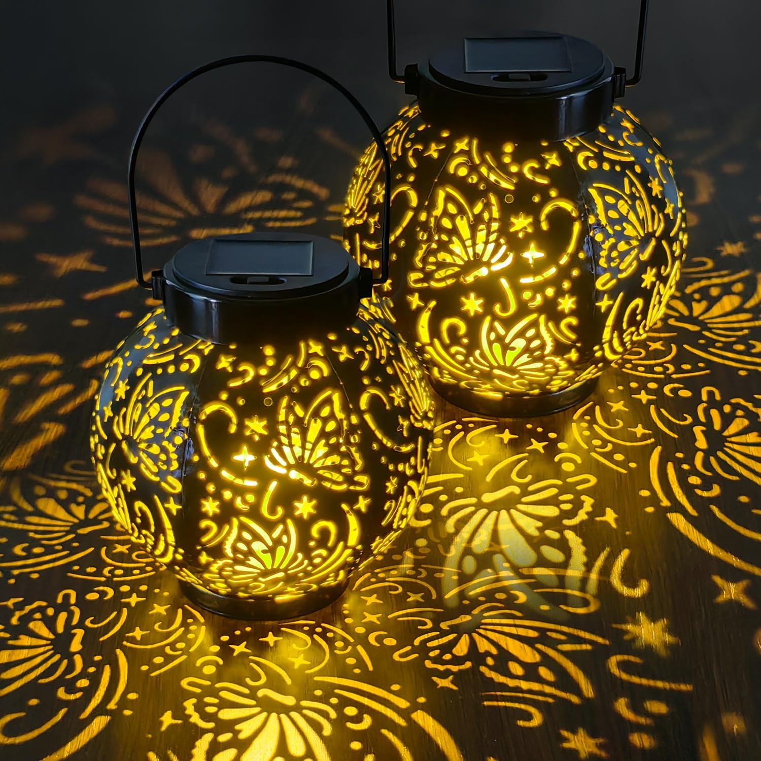 (Butterfly) Newest Solar Lanterns Light 2 Pack Solar Lanterns Garden Ornaments Outdoor with Beautiful Pattern IP44 Hanging Solar Lights Outdoor Garden for Outside