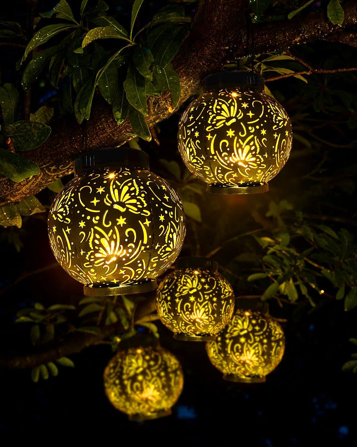 (Butterfly) Newest Solar Lanterns Light 2 Pack Solar Lanterns Garden Ornaments Outdoor with Beautiful Pattern IP44 Hanging Solar Lights Outdoor Garden for Outside
