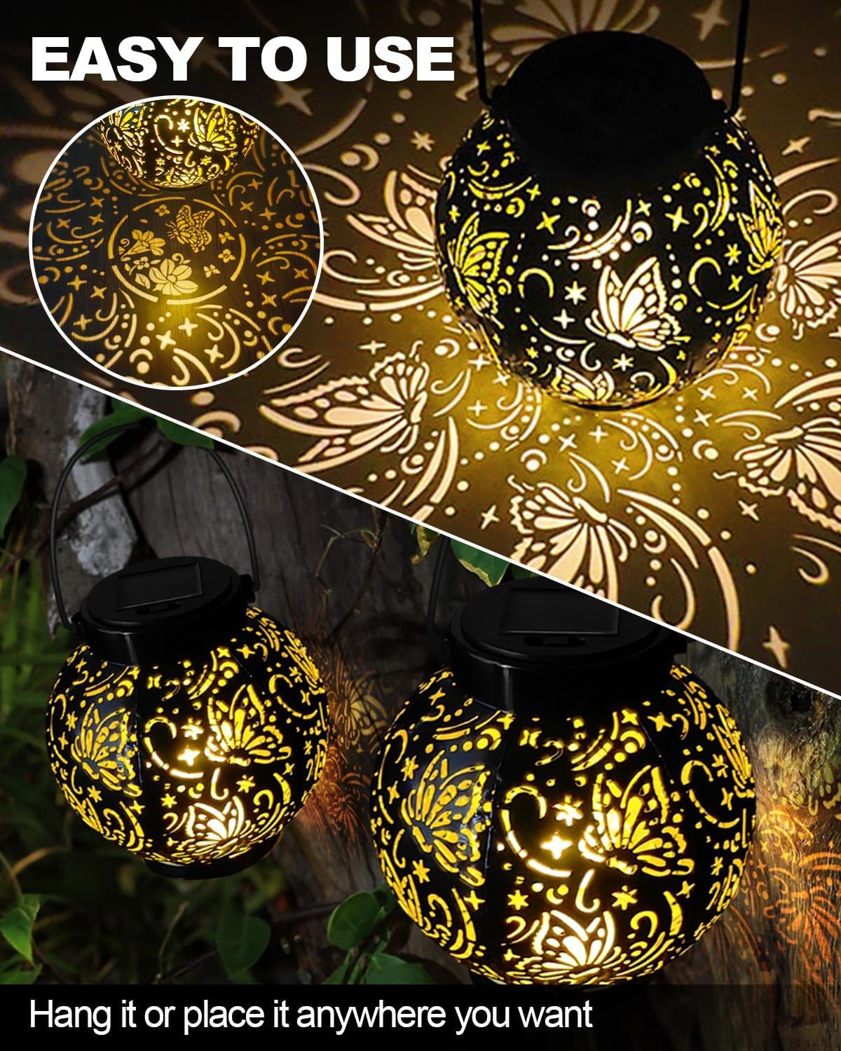 (Butterfly) Newest Solar Lanterns Light 2 Pack Solar Lanterns Garden Ornaments Outdoor with Beautiful Pattern IP44 Hanging Solar Lights Outdoor Garden for Outside