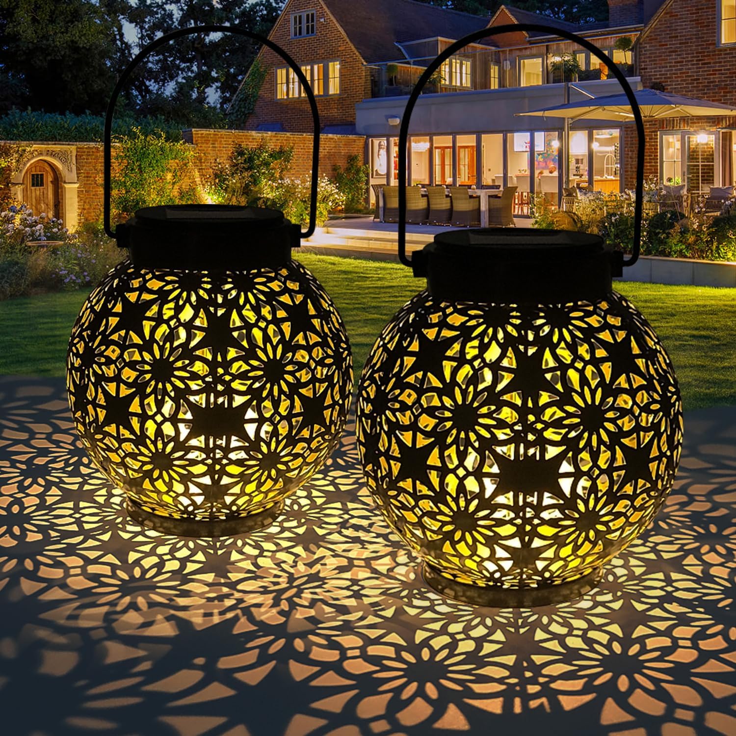 (Butterfly) Newest Solar Lanterns Light 2 Pack Solar Lanterns Garden Ornaments Outdoor with Beautiful Pattern IP44 Hanging Solar Lights Outdoor Garden for Outside