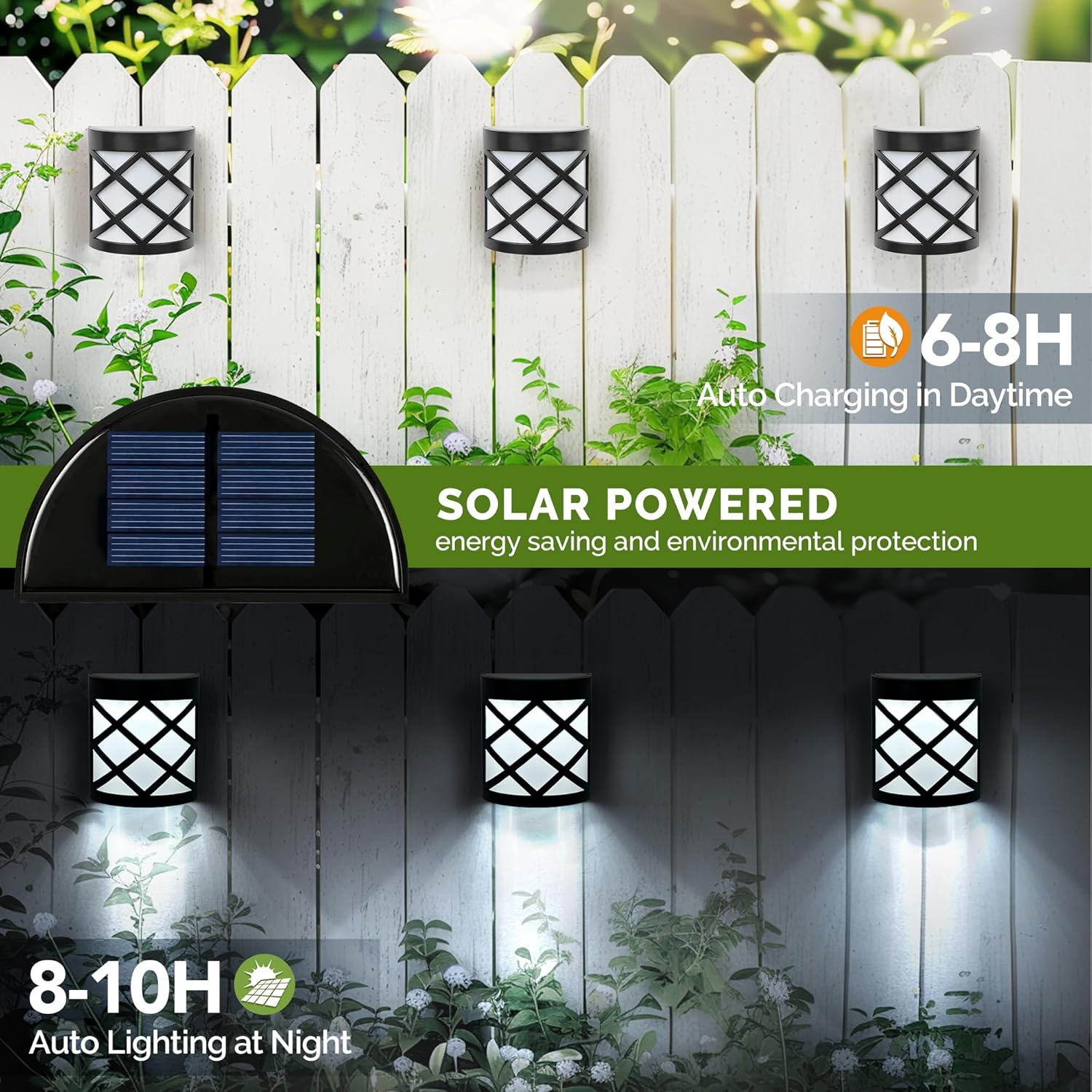 (8 PCS) Solar Wall and Fence Lights 4 Packs Waterproof 6 LED Deck Lights Decorative Outdoor for Fence Deck Patio Stairs Yard Pathway Cold White
