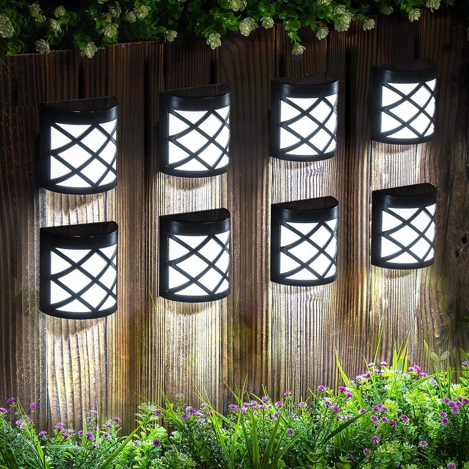 (8 PCS) Solar Wall and Fence Lights 4 Packs Waterproof 6 LED Deck Lights Decorative Outdoor for Fence Deck Patio Stairs Yard Pathway Cold White