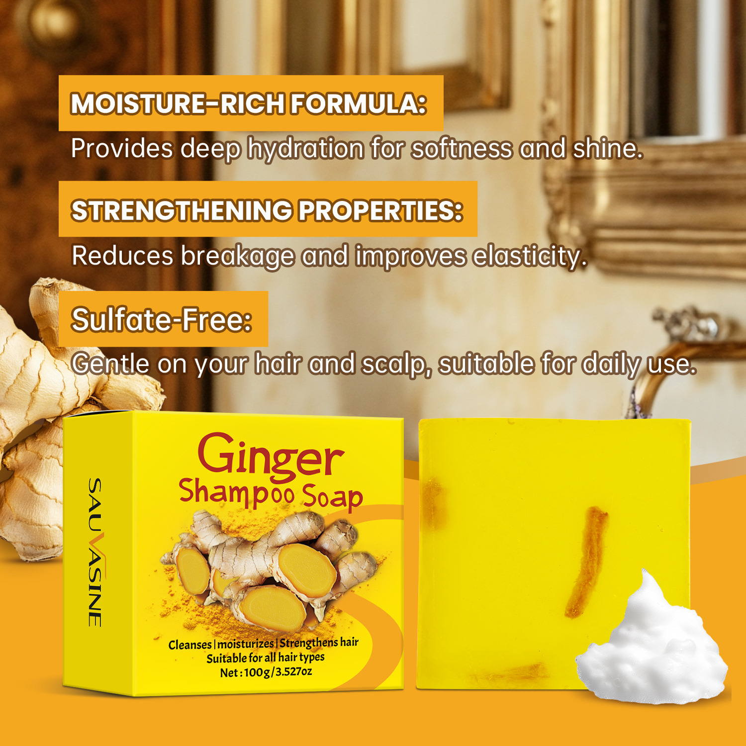 Ginger Shampoo Bar Nourishing Scalp Strengthening Roots For Dry Damaged Hair Daily Cleansing Care 100g