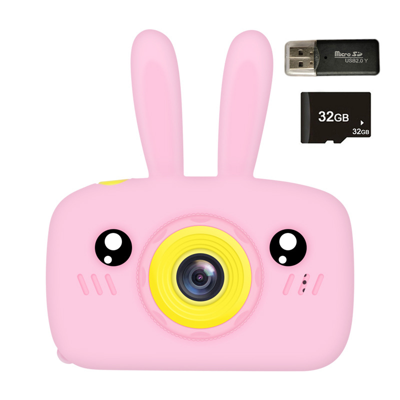 (WT 32G TF Card) New Mini Cartoon Rabbit Camera 2 Inch HD Screen Educational Children Toys Portable Video Digital Camera SLR Camera For Kid Gifts