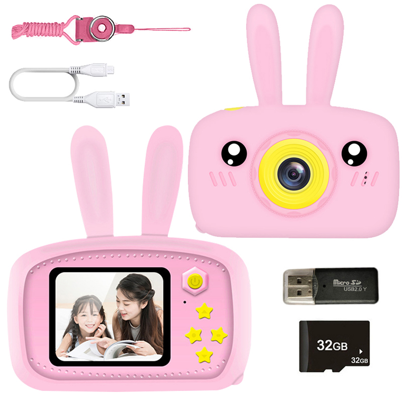 (WT 32G TF Card) New Mini Cartoon Rabbit Camera 2 Inch HD Screen Educational Children Toys Portable Video Digital Camera SLR Camera For Kid Gifts