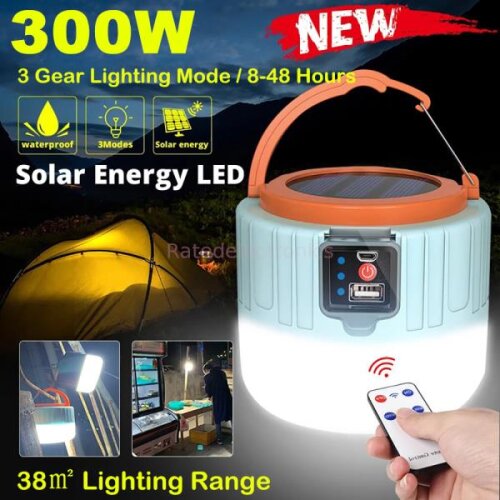 300W USB Rechargeable Remote Control Lantern Solar LED Bulb Camping Light Tent Lights