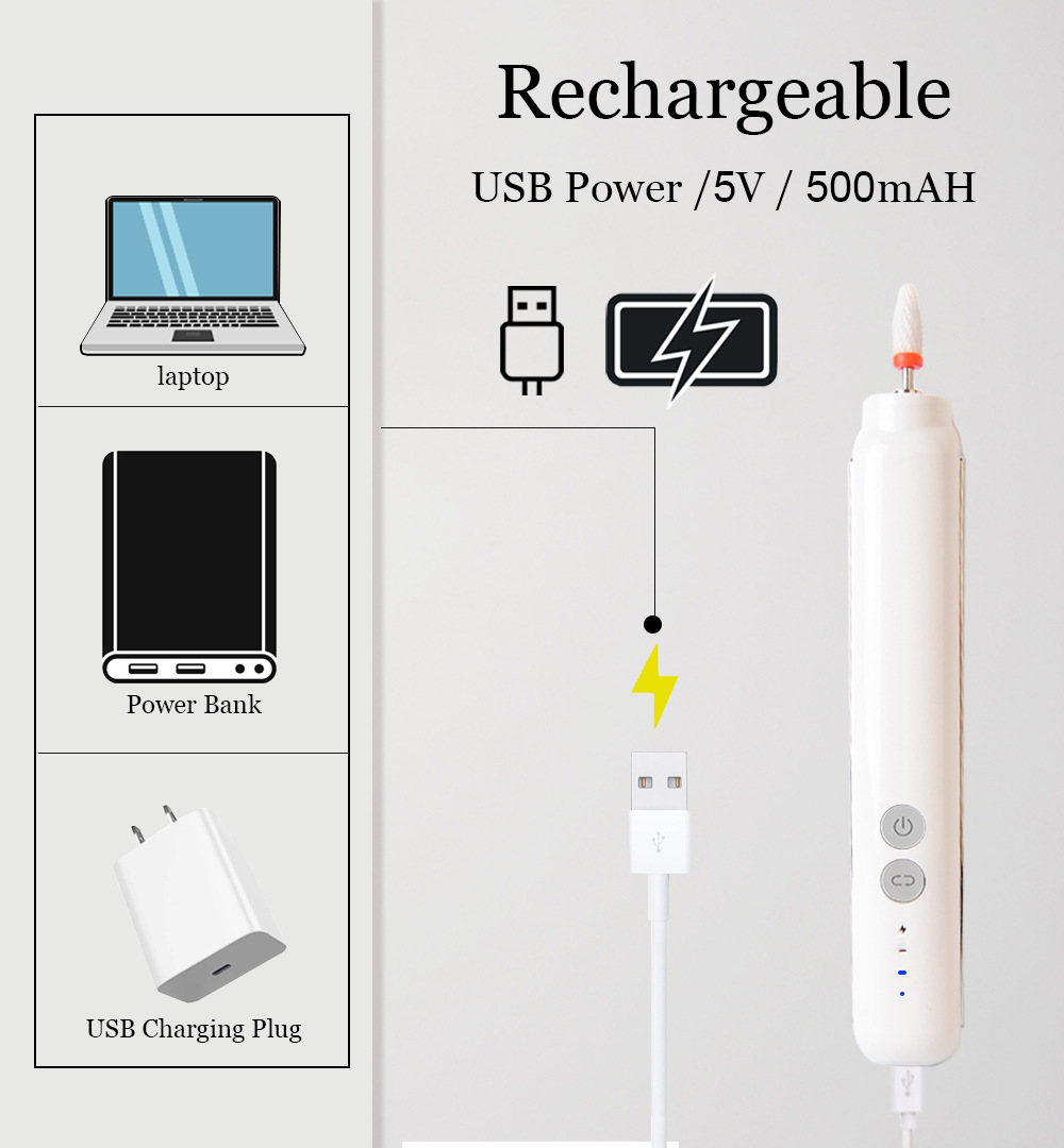 (White) Nail Drill USB Wireless Rechargeable Electric Nail Drill Machine Cordless Portable Drilling Nail Machine Portable Manicure Drill Set With Led Light Adjustable Speed