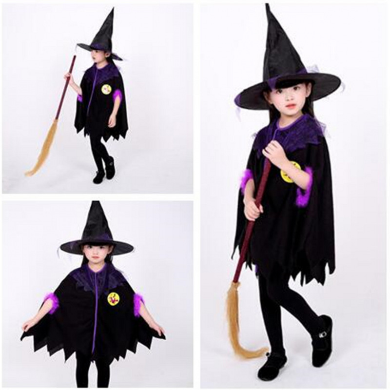 (95~110CM) Halloween Child Girl Purple Witch Costume For Pretend Play
