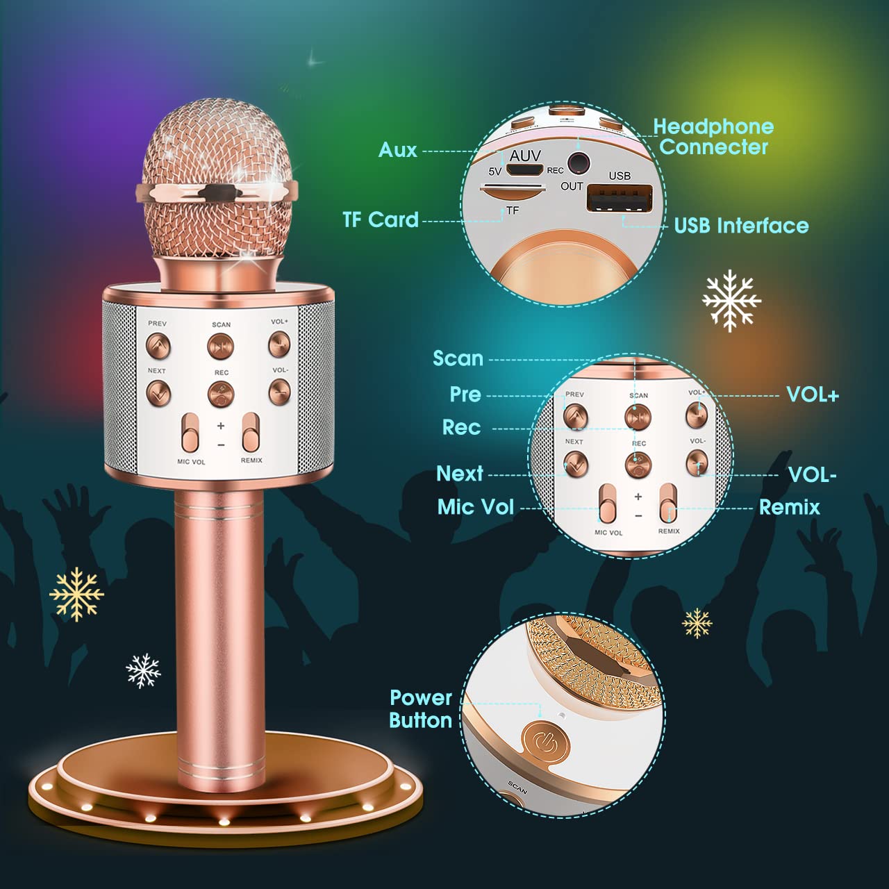 (Pink) Kids Microphone Handheld Bluetooth Wireless Karaoke KTV Party Music Singing Microphone Girls Boys Toys Gifts Microphone for Kids Birthday Present