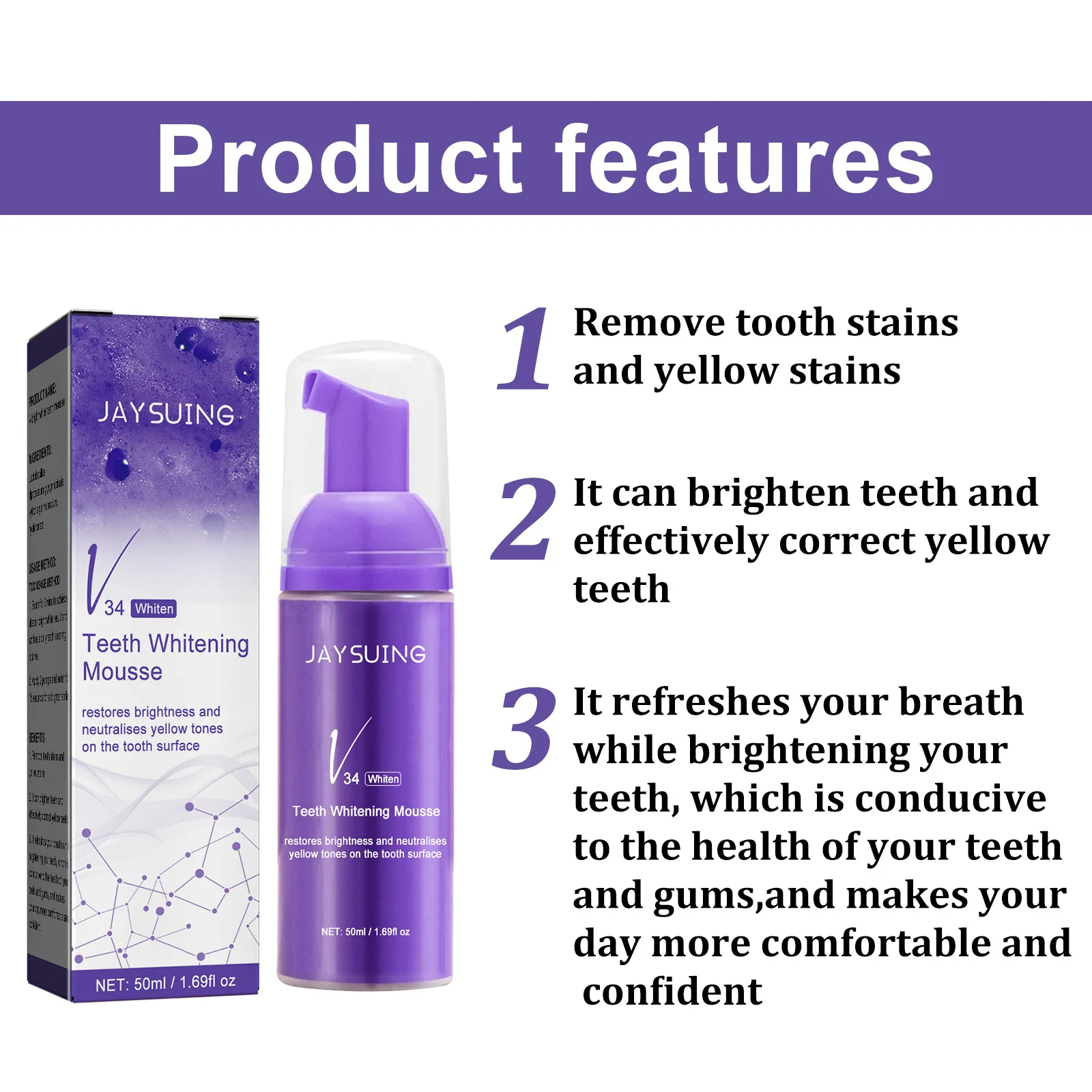 V34 Whitening Correcting Yellow Teeth Removing Stains Oral Cleaning Toothpaste White Teeth Mousse Foam Purple Whitening Cleaning Toothpaste Hygiene