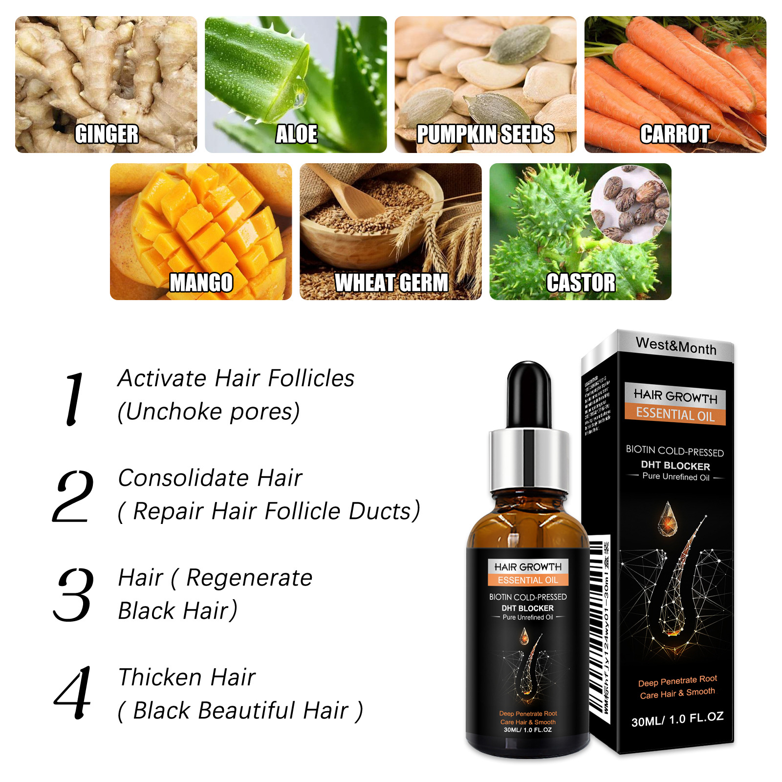 Hair Growth Essential Oil Biotin Cold-Pressed DHT Blocker Thick Hair Growth Shampoo Anti-Hair Loss Conditioner Repair Dry Hair Moisture Hair Essence 30ml