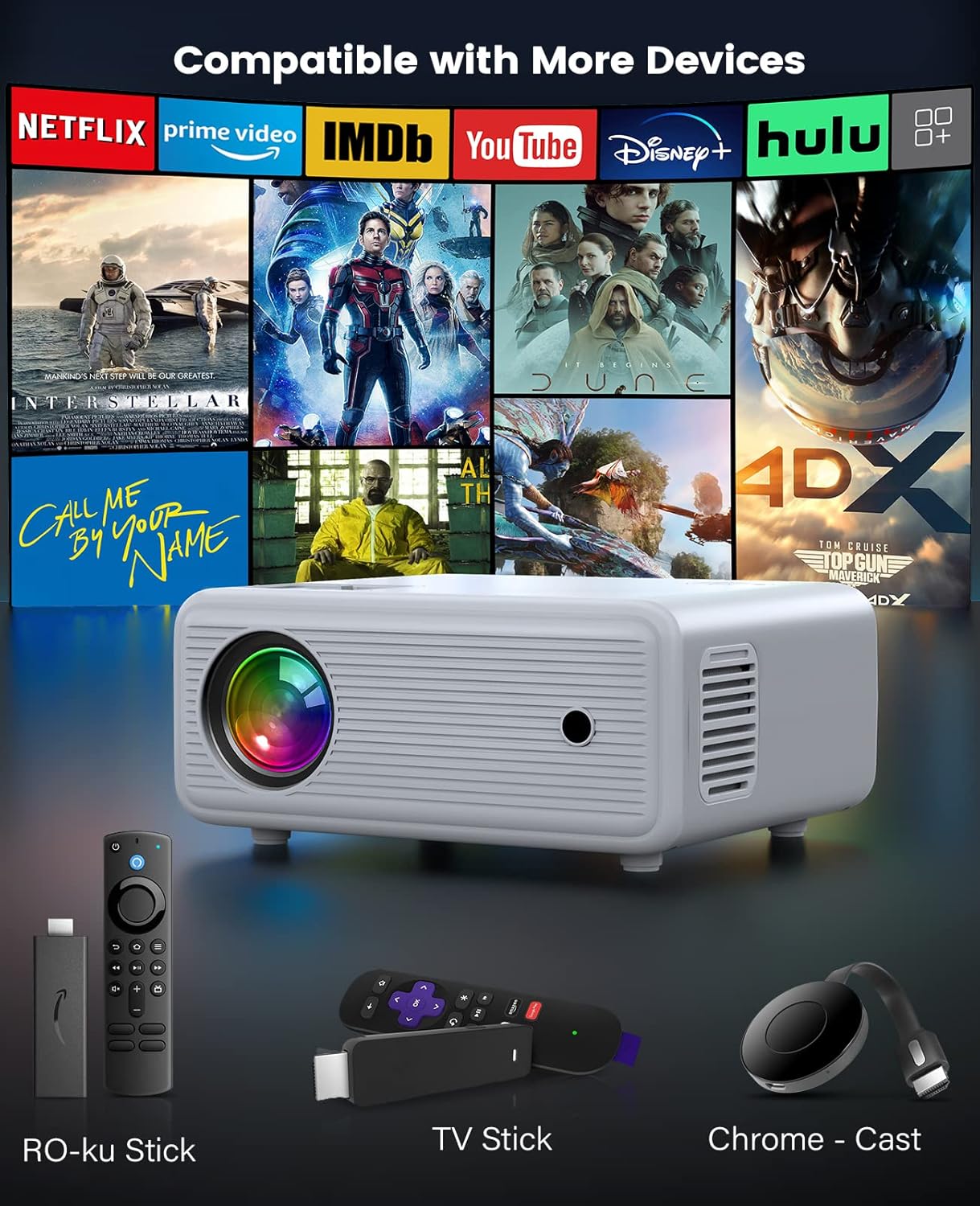 Mini Projector WiFi Projector with Projector 1080P Full HD 14000 Lux Portable Video 4K Projector Compatible with iphone TV Stick PS5 HDMI USB Multimedia Home Movie Theater Projector