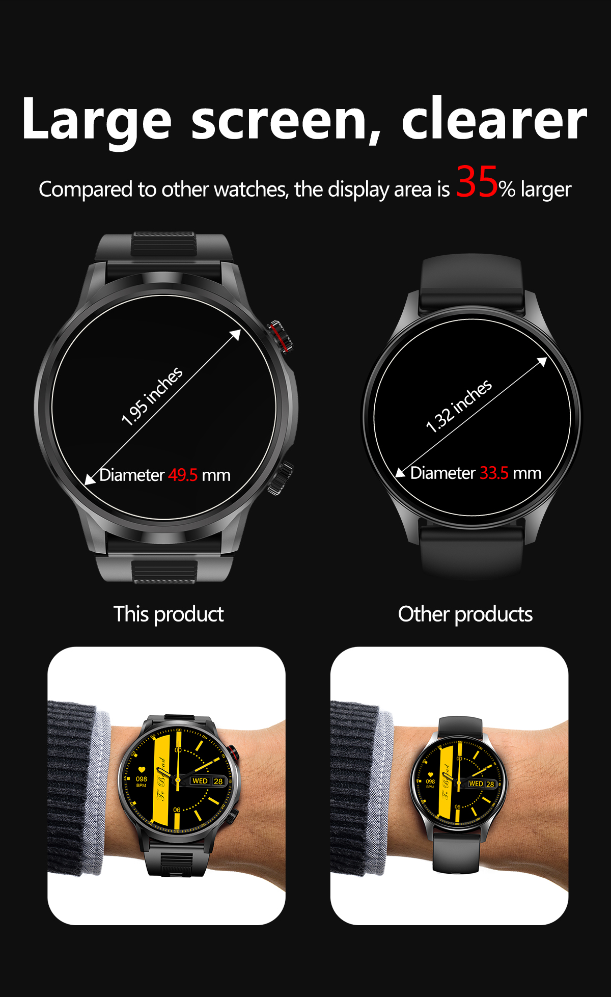 (Black) Smart Watch Men Heart Rate Bluetooth Call Smart Watch Waterproof Sports Fintess Tracker Women Smartwatch