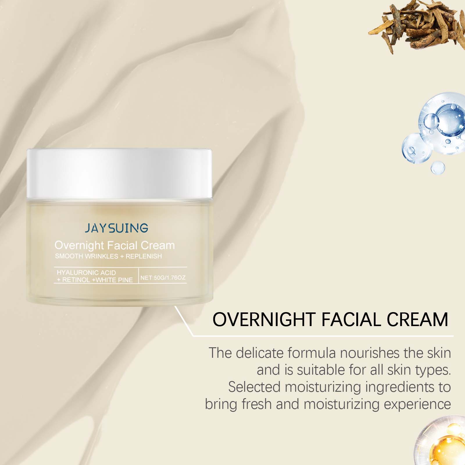 Jaysuing Pine Hydrating Night Cream Facial Care Brighten Tender Skin Nourish Hyaluronic Acid Retinol Moisturizer Skincare Restore Tighten Anti Aging Cream