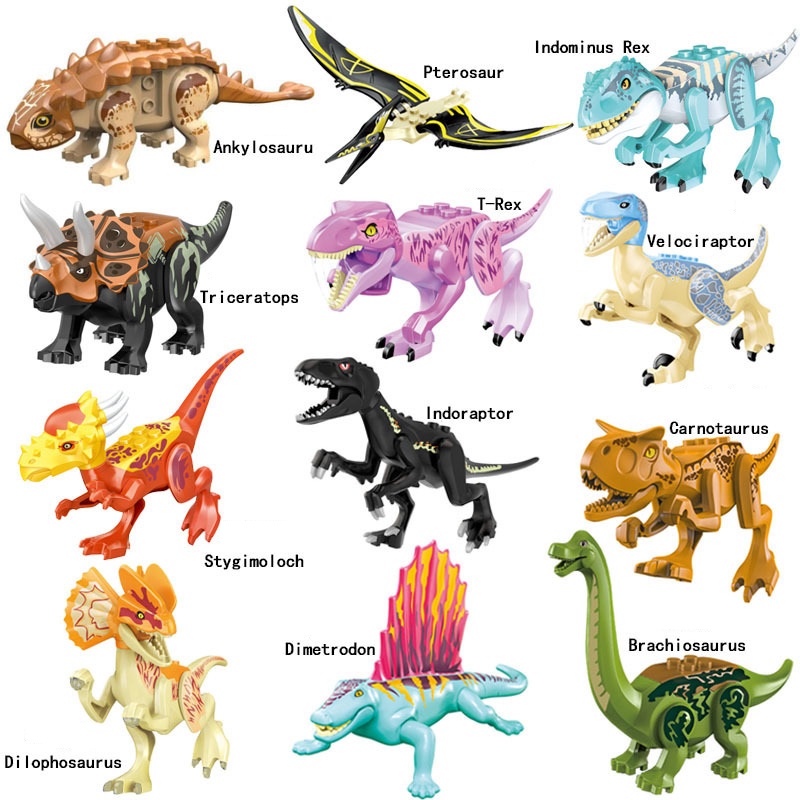 (Dinosaurs J) Dinosaur Mini Figures Toy with Movable Jaw Educational Building Blocks Set DIY Construction Toy Display Collection Gifts for  Kids