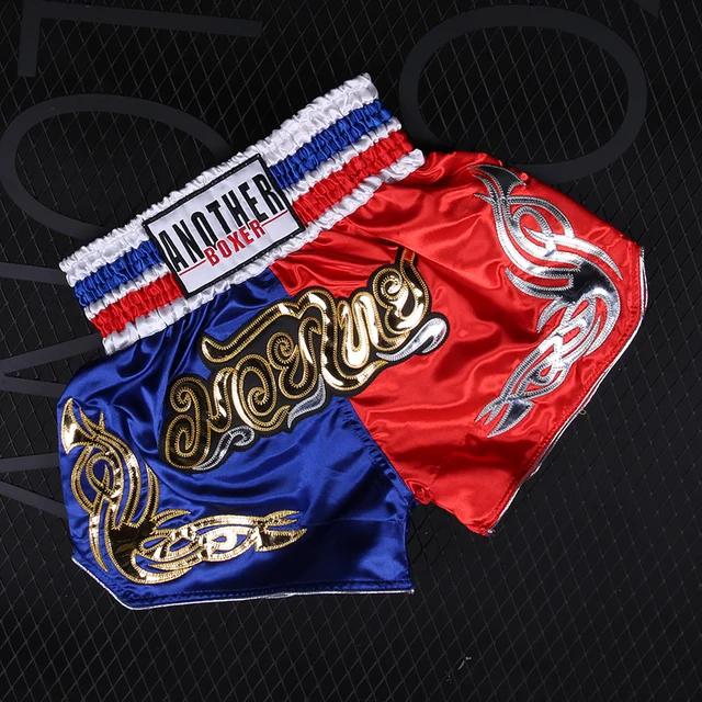 (S) Embroidery Kickboxing Shorts Unisex Satin Muay Thai Pants for Men Women Kids for MMA Training Fight