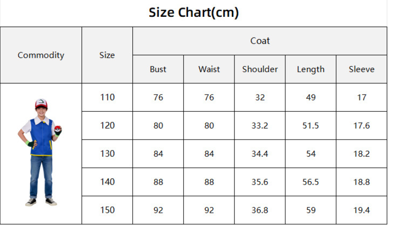 (150CM) Kids Ash Ketchum Cosplay Costume Pokemon Trainer Outfit for Halloween Party Roleplay