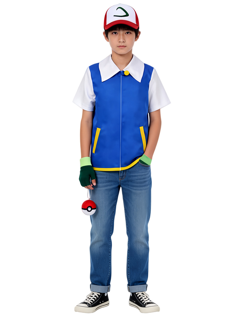 (150CM) Kids Ash Ketchum Cosplay Costume Pokemon Trainer Outfit for Halloween Party Roleplay