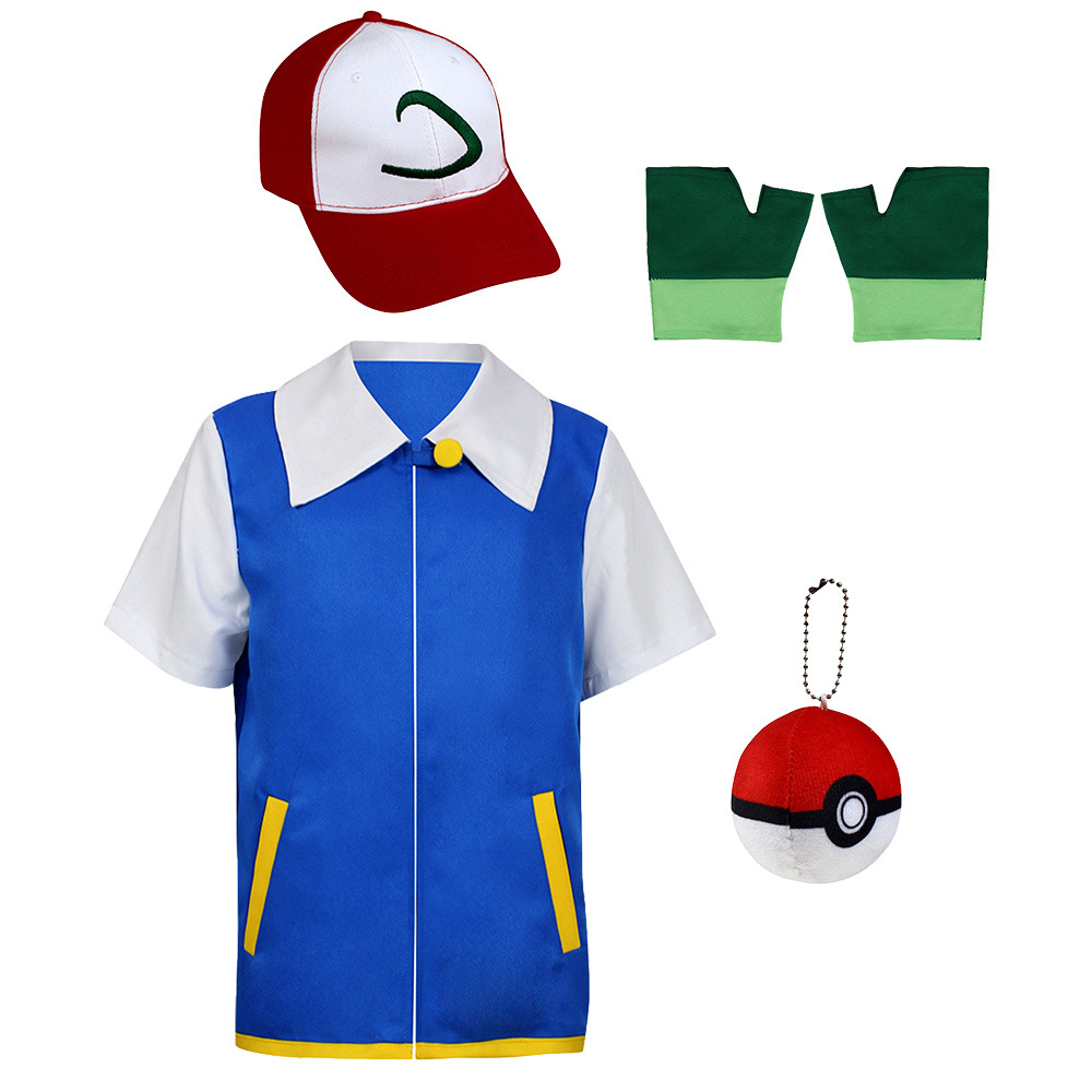 (150CM) Kids Ash Ketchum Cosplay Costume Pokemon Trainer Outfit for Halloween Party Roleplay
