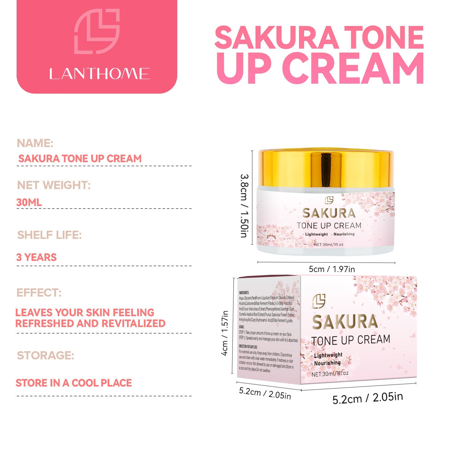 Sakura Brightening Face Cream Moisturising Gentle Skin Care for Daily Use Natural 30ml
