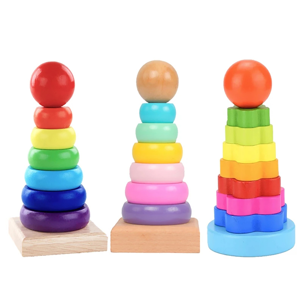 (4 Macaron) Rainbow Stacker Wooden Ring Educational Toy Kids Tower Stack Up Blocks Color Shape Game Baby Montessori Toys for Children Gifts