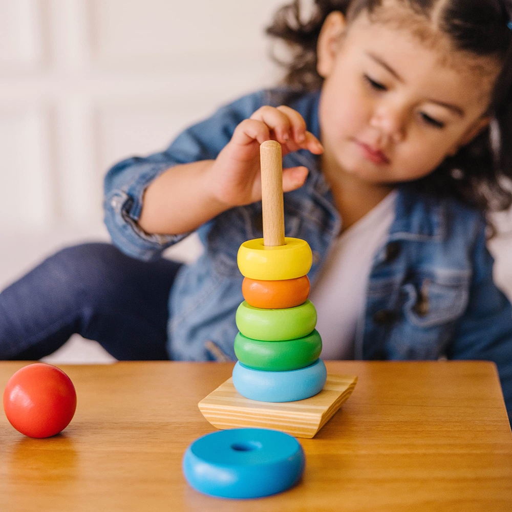 (4 Macaron) Rainbow Stacker Wooden Ring Educational Toy Kids Tower Stack Up Blocks Color Shape Game Baby Montessori Toys for Children Gifts