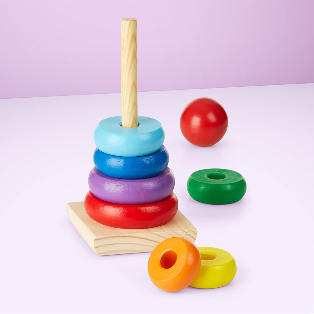 (4 Macaron) Rainbow Stacker Wooden Ring Educational Toy Kids Tower Stack Up Blocks Color Shape Game Baby Montessori Toys for Children Gifts