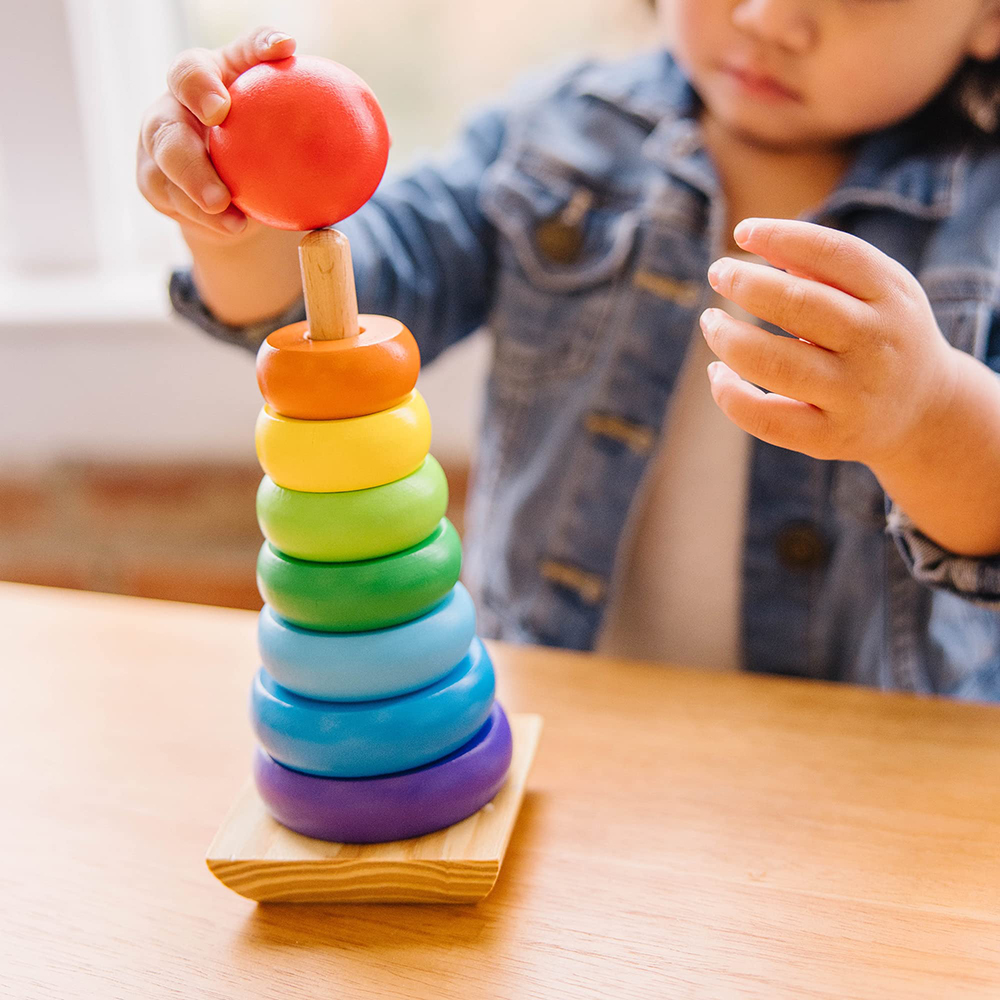 (4 Macaron) Rainbow Stacker Wooden Ring Educational Toy Kids Tower Stack Up Blocks Color Shape Game Baby Montessori Toys for Children Gifts